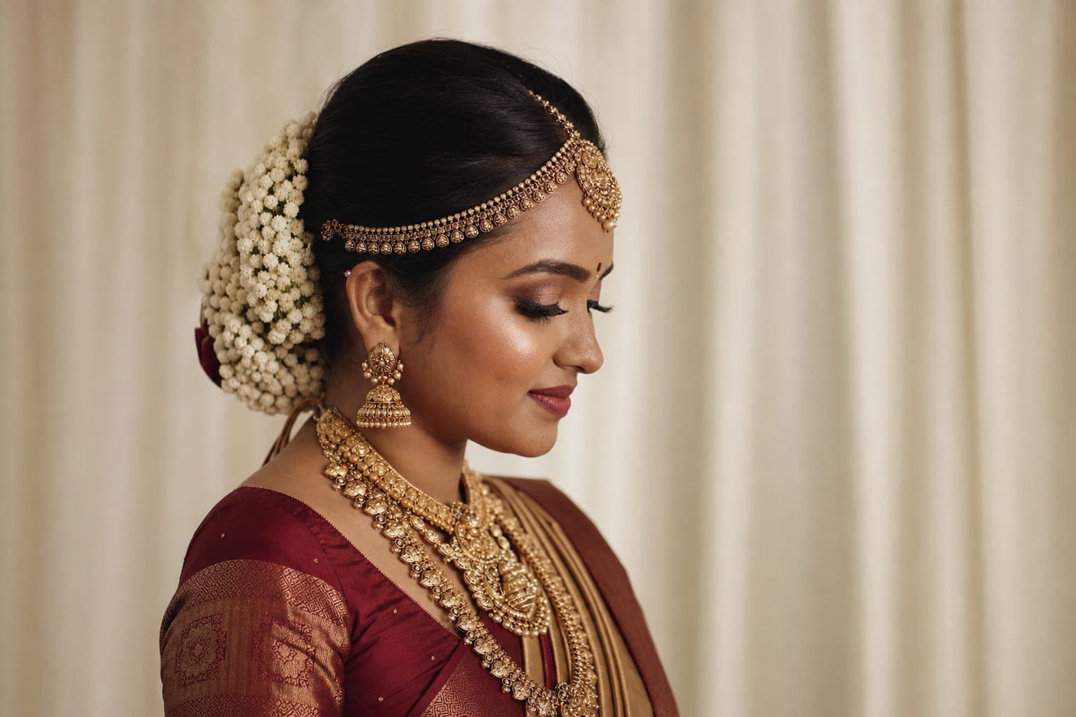 Indian bride with complete bridal makeup and temple jewelry