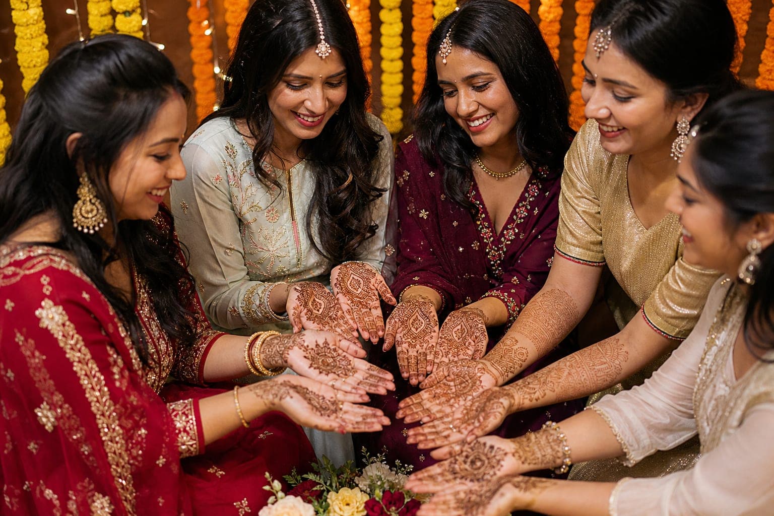 Indian mehandi ceremony with women showing henna designs