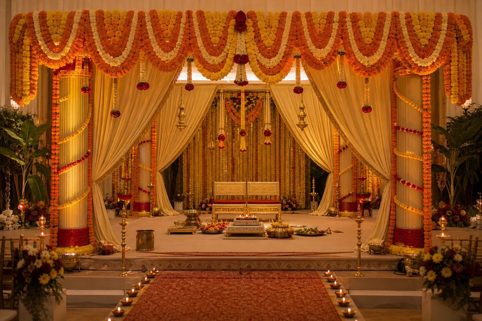 South Indian wedding mandap with marigold garlands
