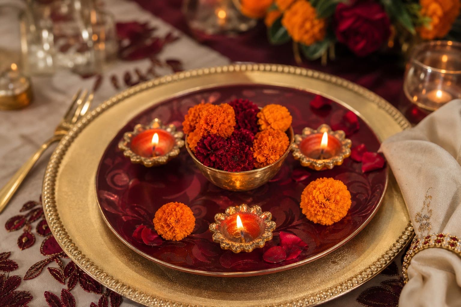 Indian sangeet table with traditional plate decor