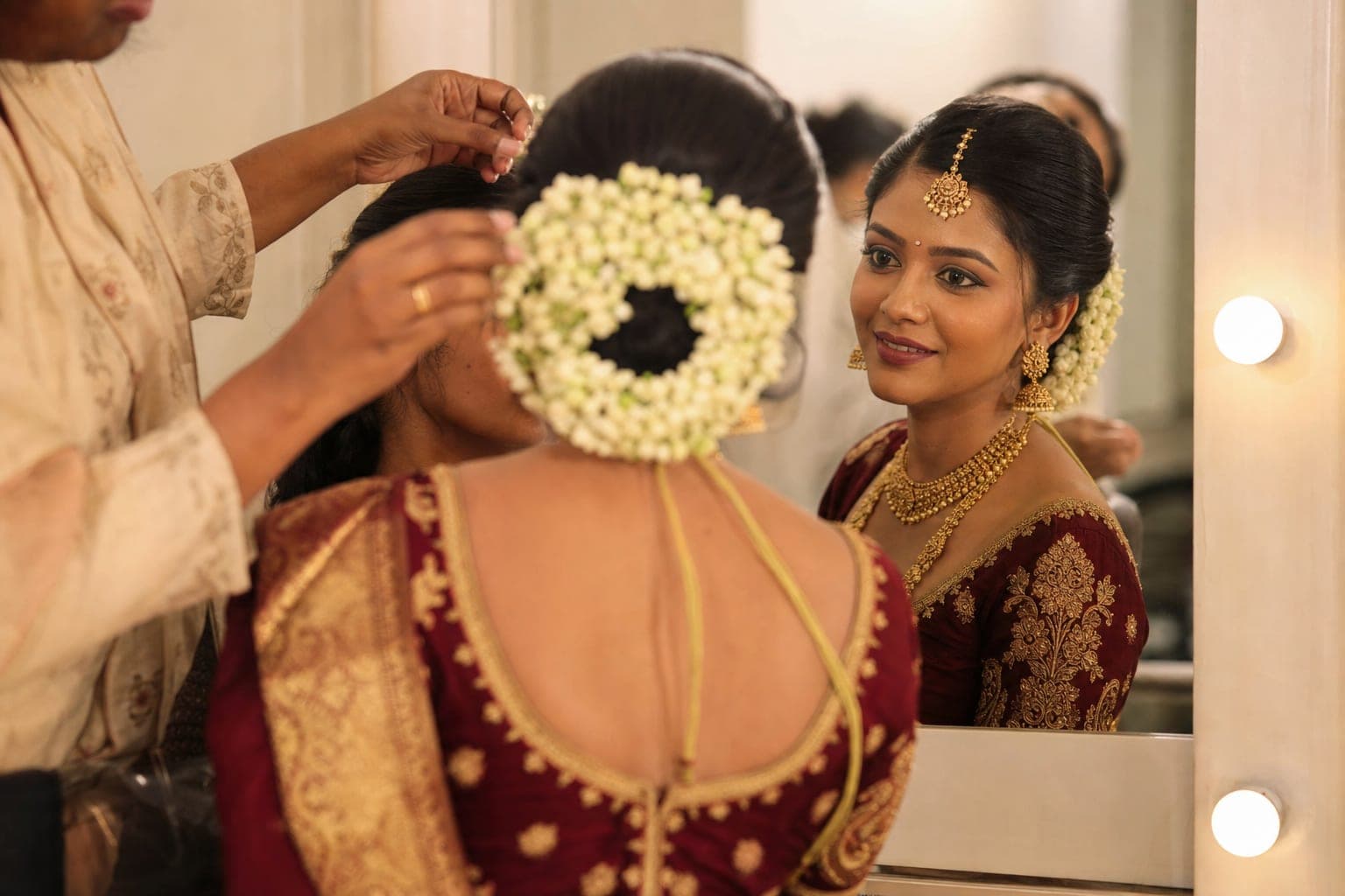 Indian bride getting jasmine flower hair styling