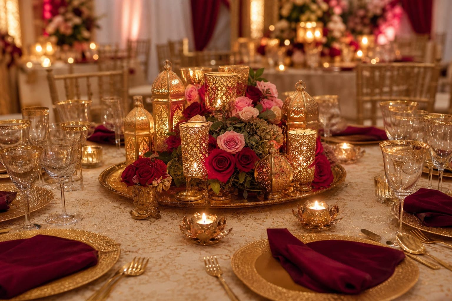 Indian wedding table centerpiece with diyas and roses