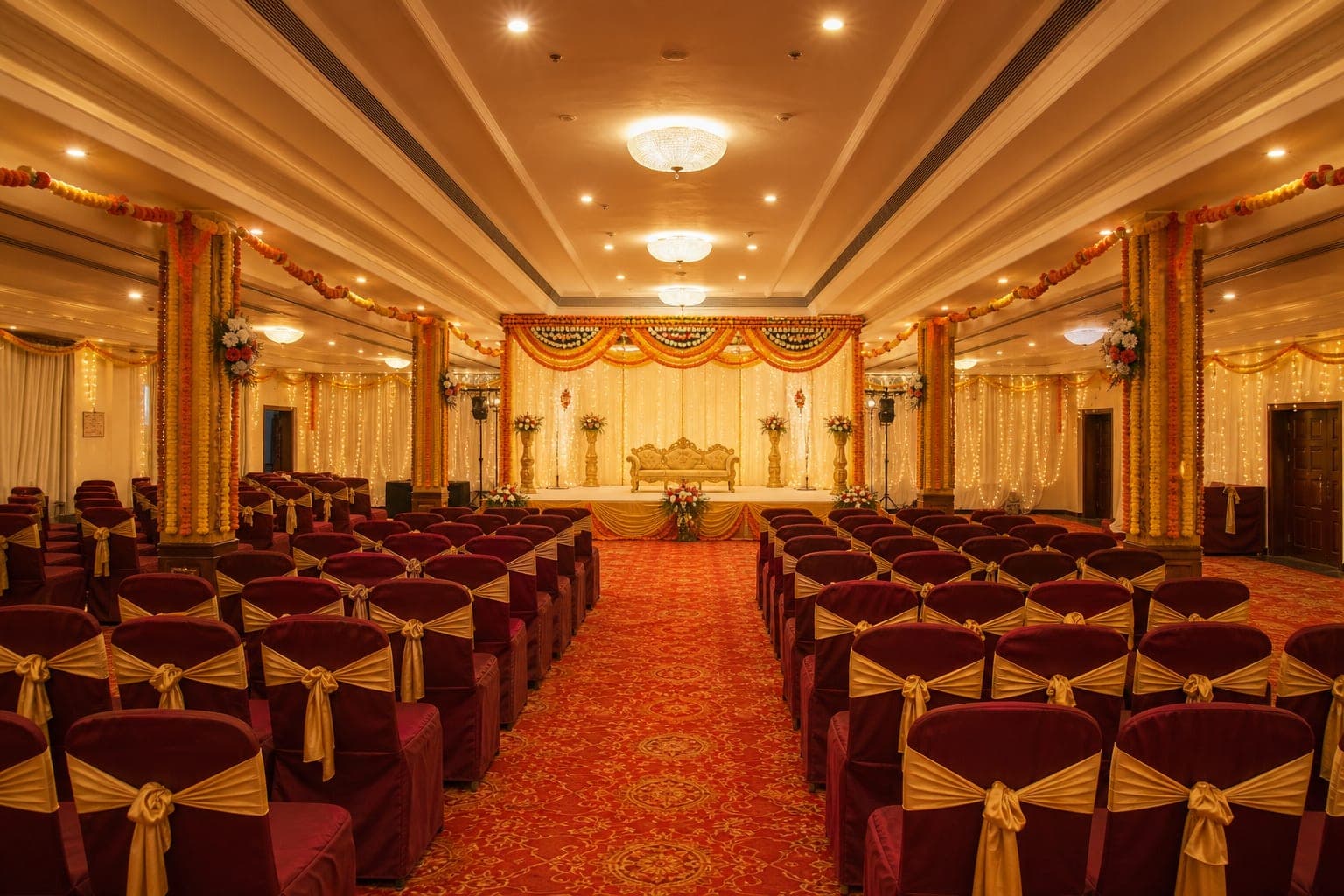 Decorated Indian wedding reception hall with marigolds