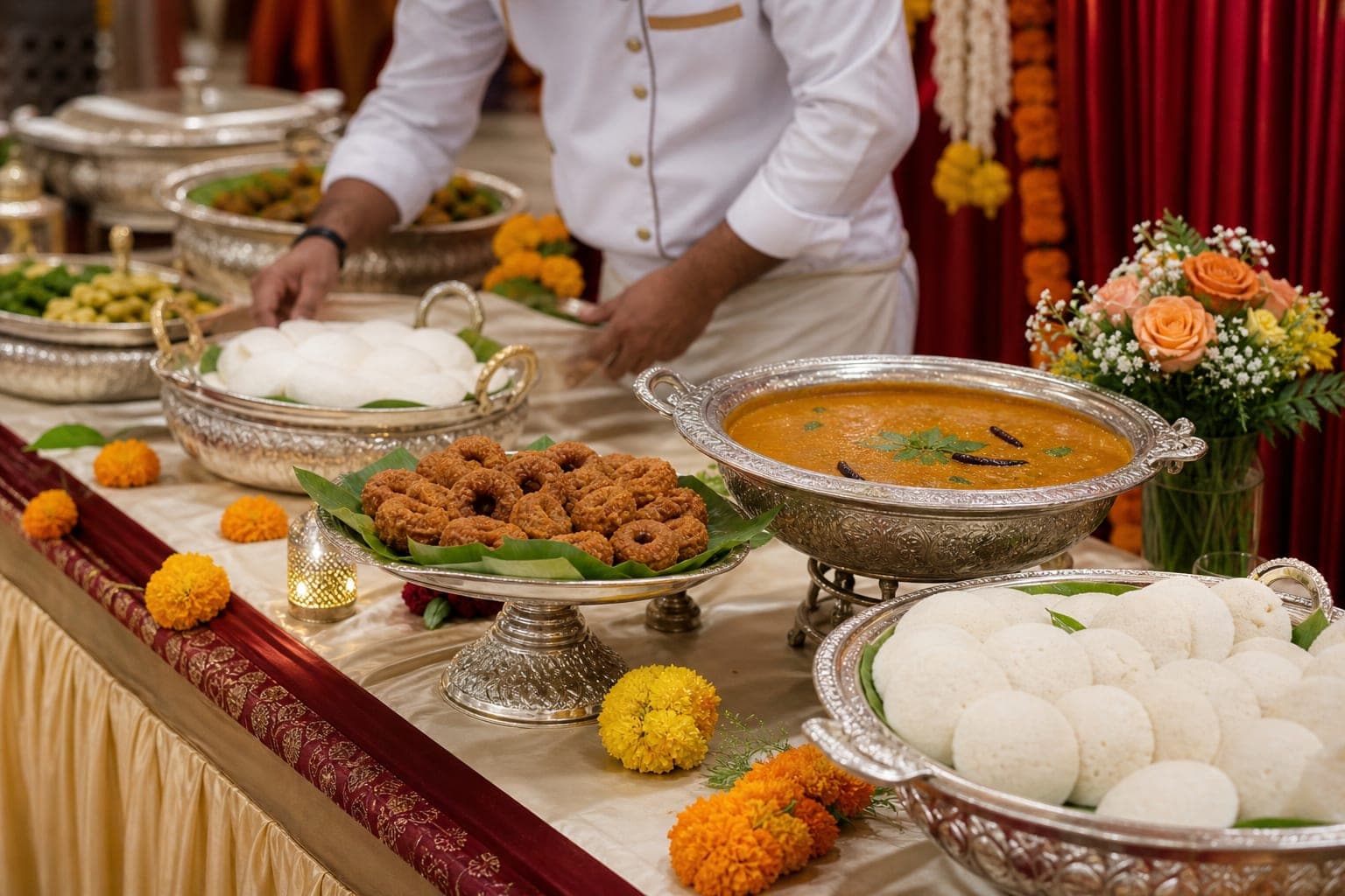 Indian wedding catering buffet with live dosa counter