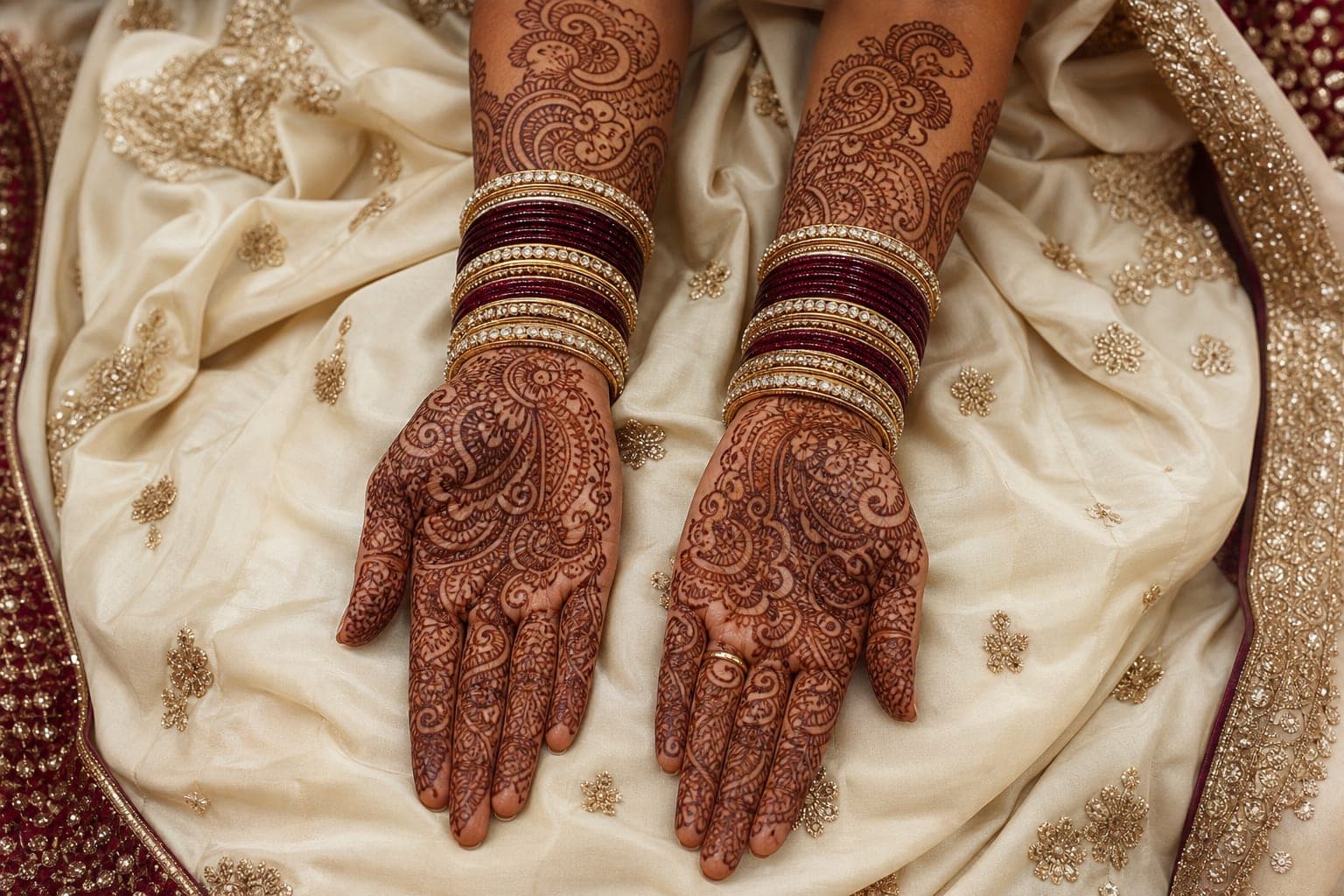 Intricate mehandi henna design on Indian bride's hands