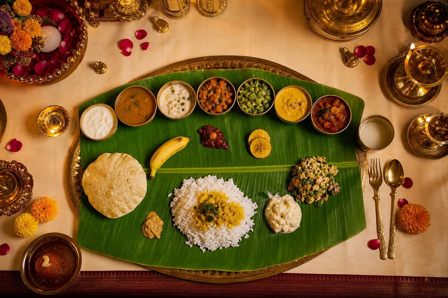 Traditional Indian wedding plate decor with banana leaf thali